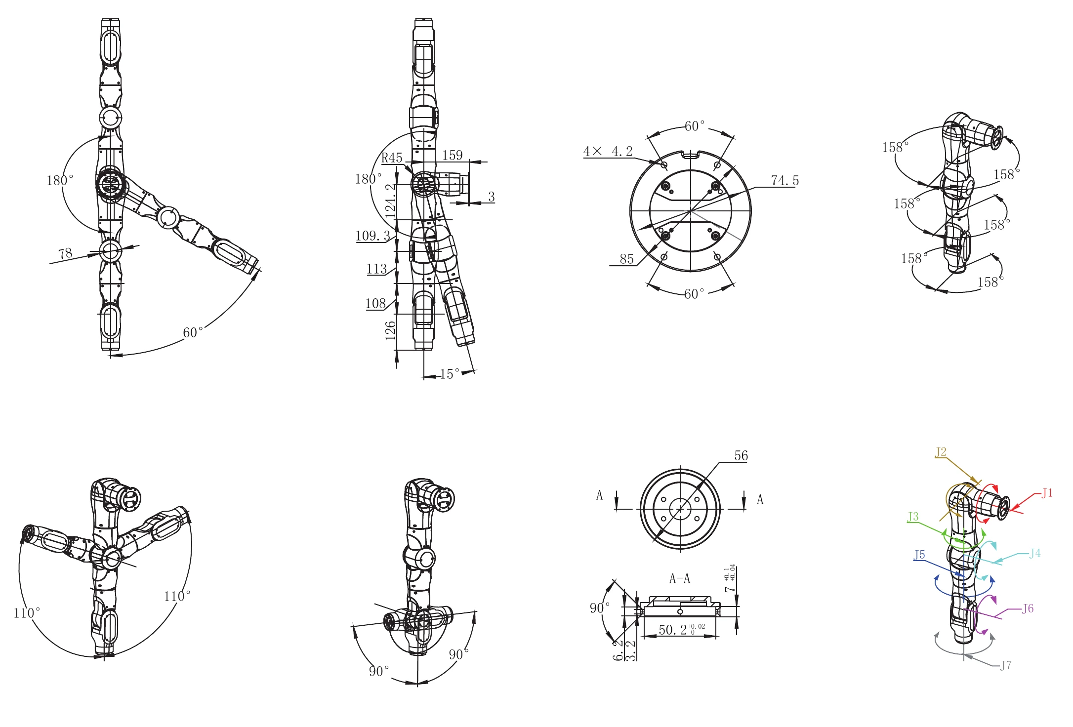 Atlas A7 dimensions and range of motion, with the brochure's dimensions, angles and tolerances
